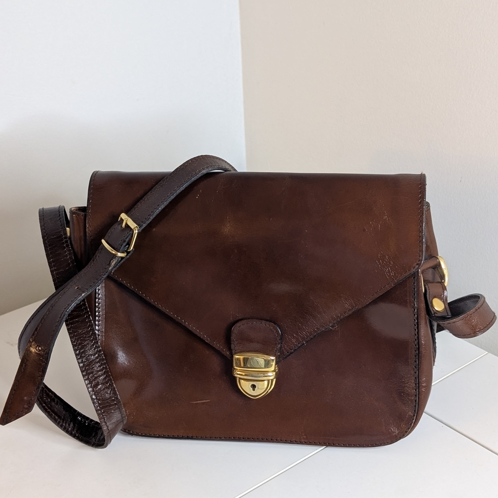 Brown Leather Crossbody Bag with Gold Accents